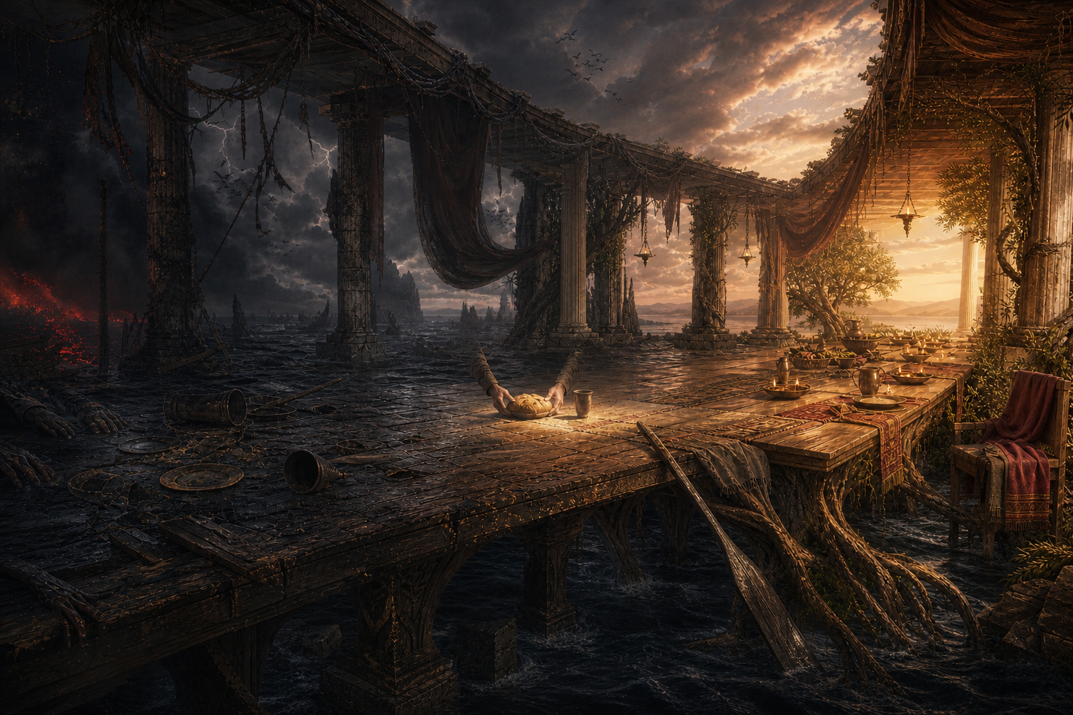 A long table crosses from storm, ruin, and broken dishes into warm light, bread, a cup, and an open place, showing hospitality changing with the moral weather.
