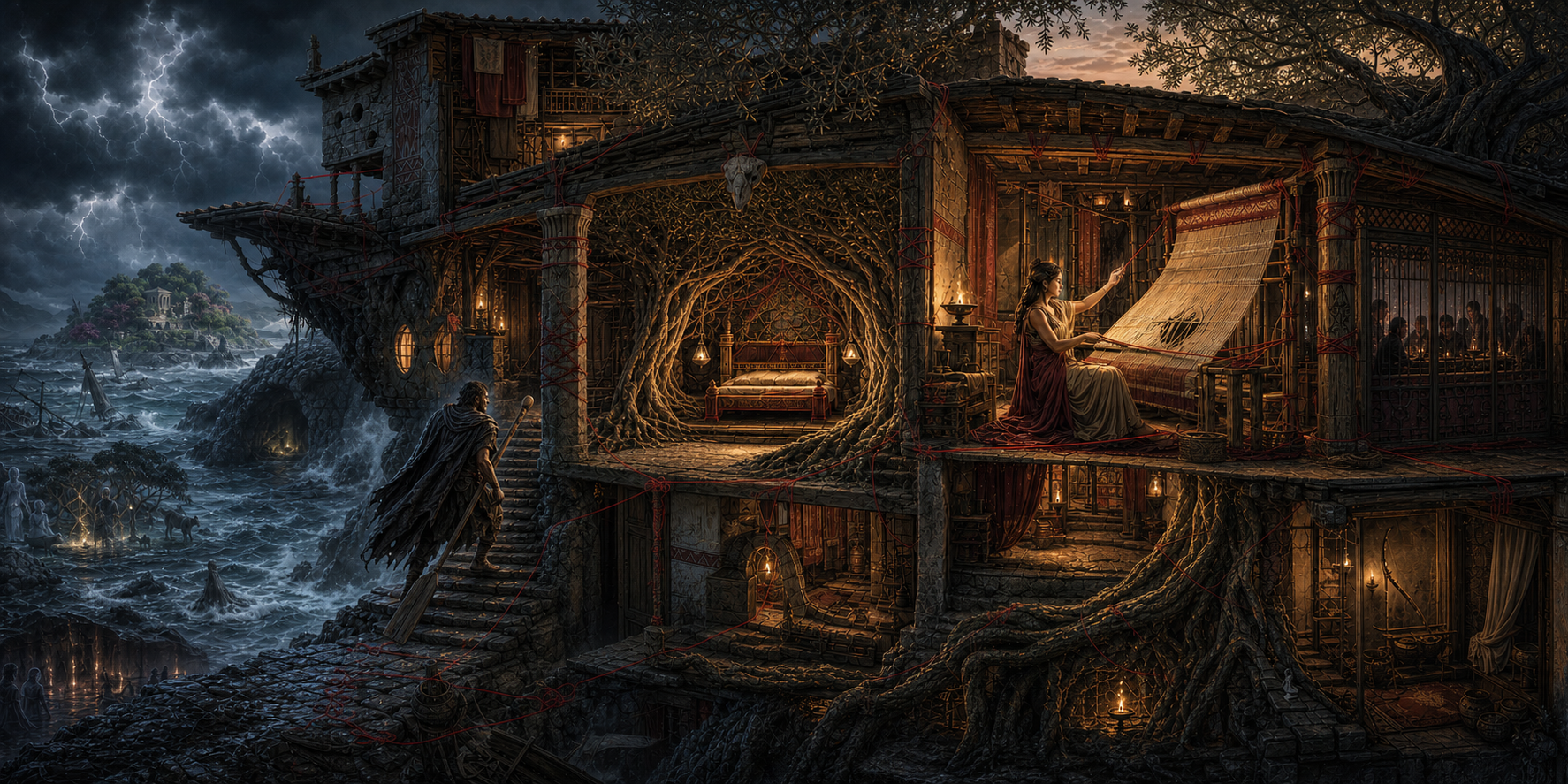 Penelope works at a loom inside a grand rooted house while a weathered Ulysses reaches its threshold, with his trials receding behind him.