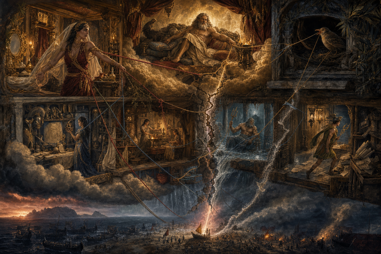 A lavish Olympus is divided into rooms and corridors above a mortal battlefield, with cloud, water, cords, and a crack of dawn showing the gods pulling history in different directions.