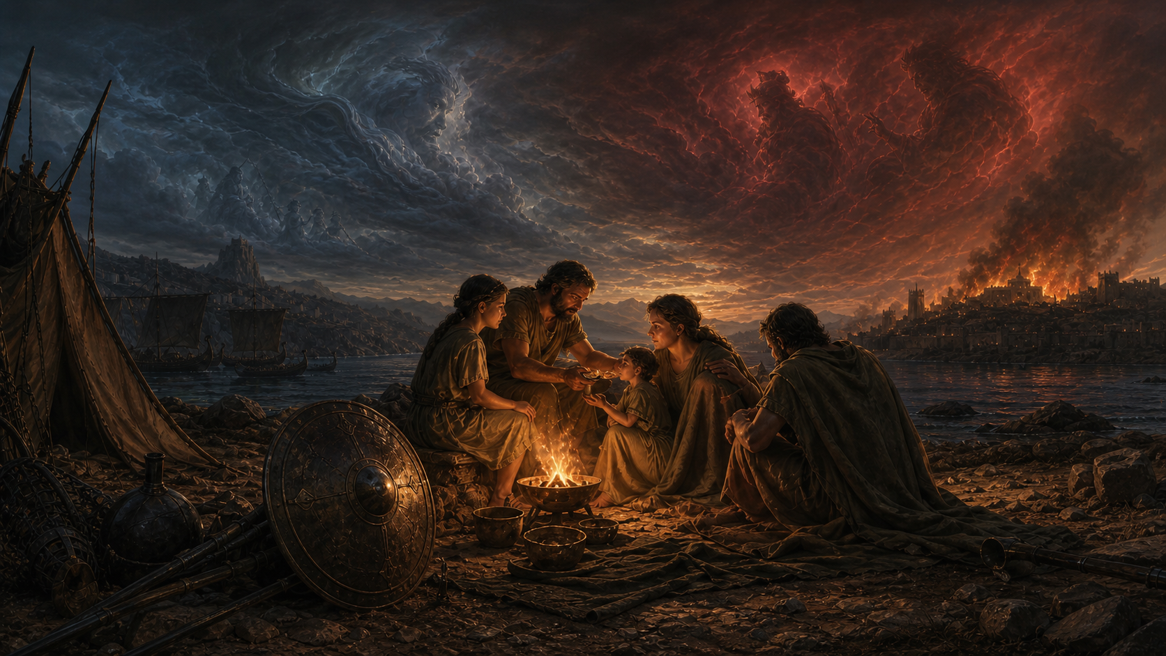 A small circle of mortals shares food and warmth beside the sea while distant blue and red divine storms press across the sky above a burning city.