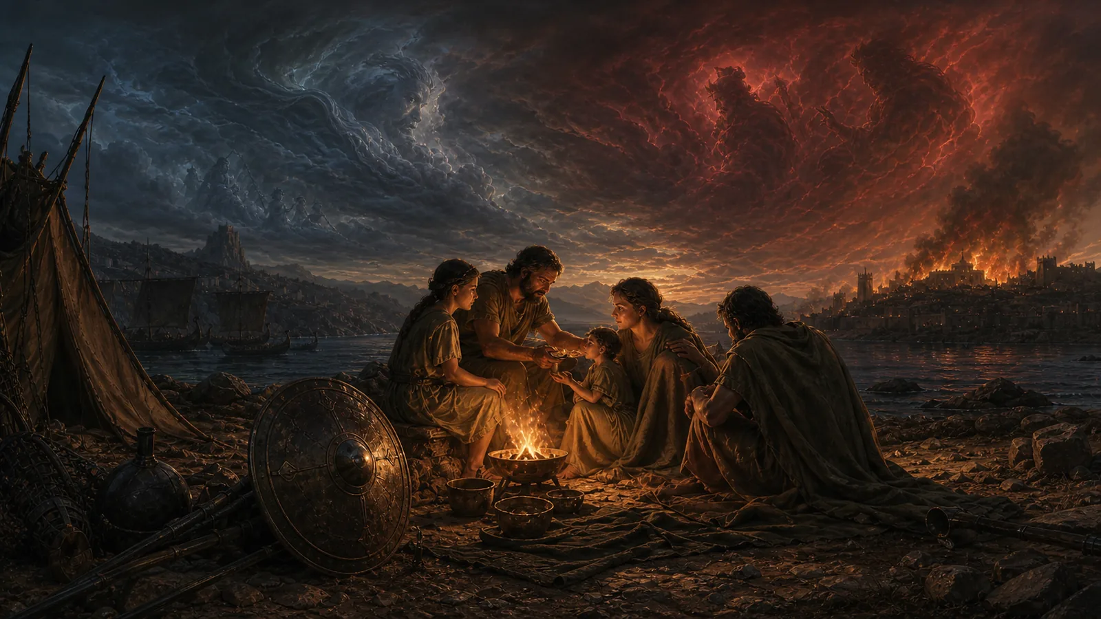 A small circle of mortals shares food and warmth beside the sea while distant blue and red divine storms press across the sky above a burning city.