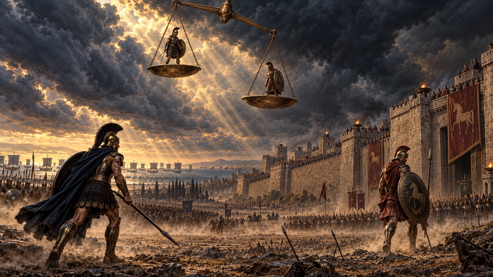 Achilles and Hector face one another before Troy while Zeus's scales hang above them beneath a storm-dark sky.
