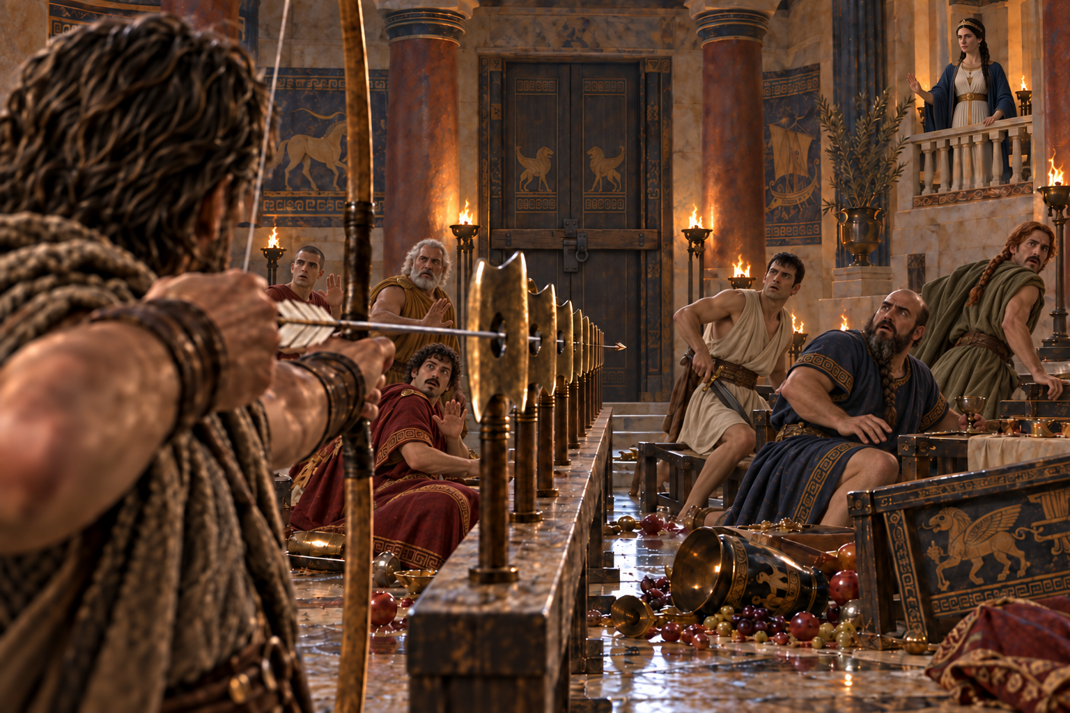Ulysses aims an arrow through a line of twelve axes at the suitors in the hall while Penelope watches from above.